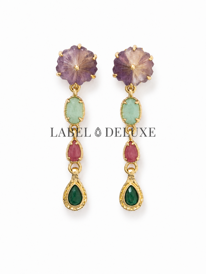Label Deluxe Earrings HP1195EMS - Dames Oorbellen - Flower Fluorite Malachiet Aventurijn Rhodoniet - Goud - 4 CM