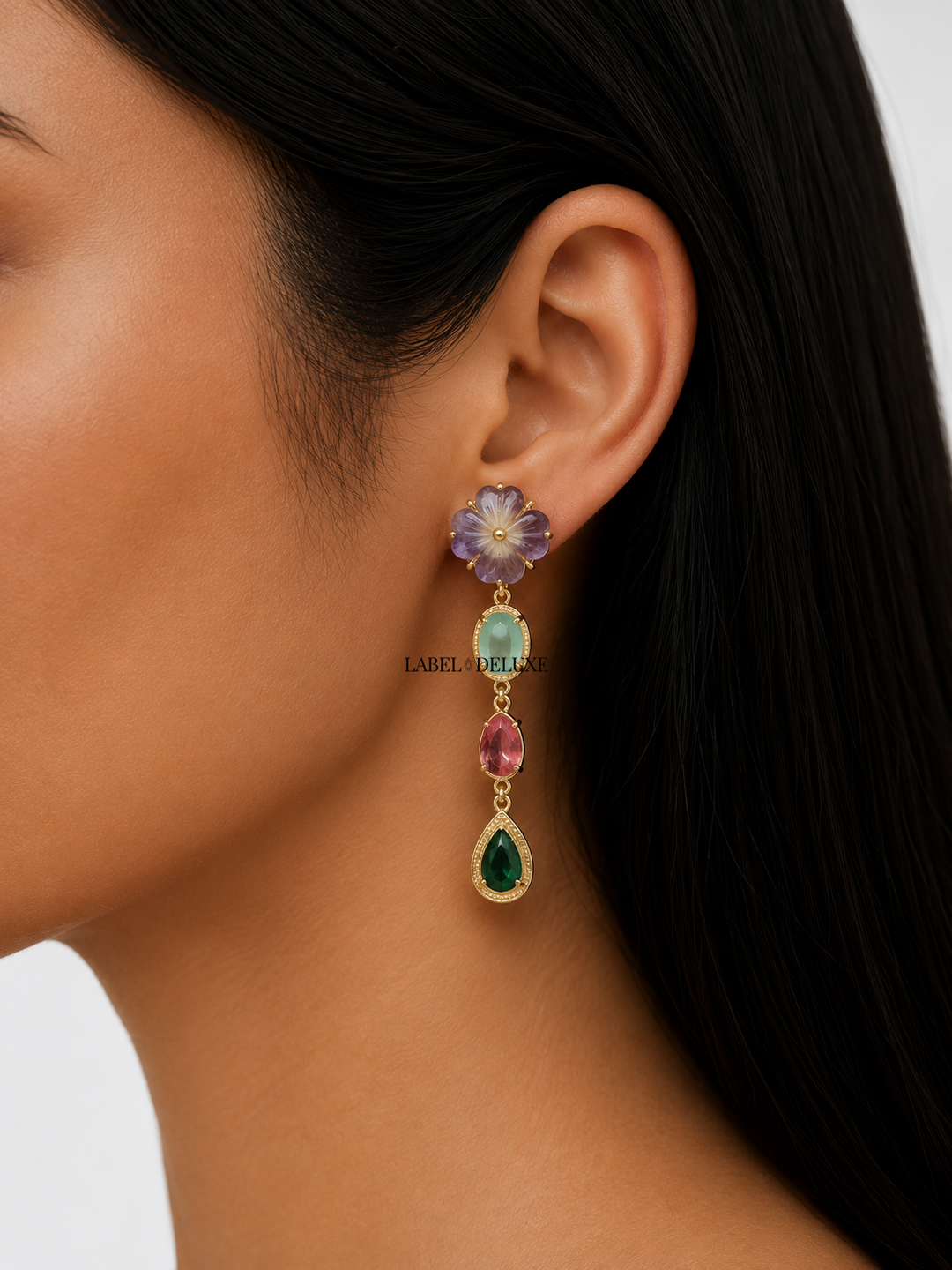 Label Deluxe Earrings HP1195EMS - Dames Oorbellen - Flower Fluorite Malachiet Aventurijn Rhodoniet - Goud - 4 CM