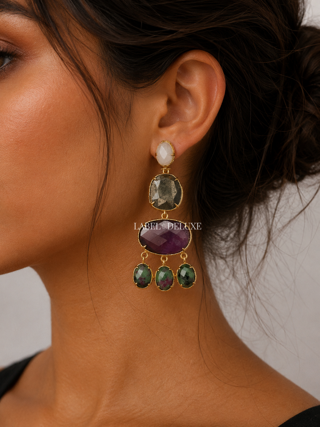 Label Deluxe Collection Earrings LDLEARzoiama - Dames Oorbellen - Zoisiet & Amethist & Pyriet - Paars / Groen - 6 CM