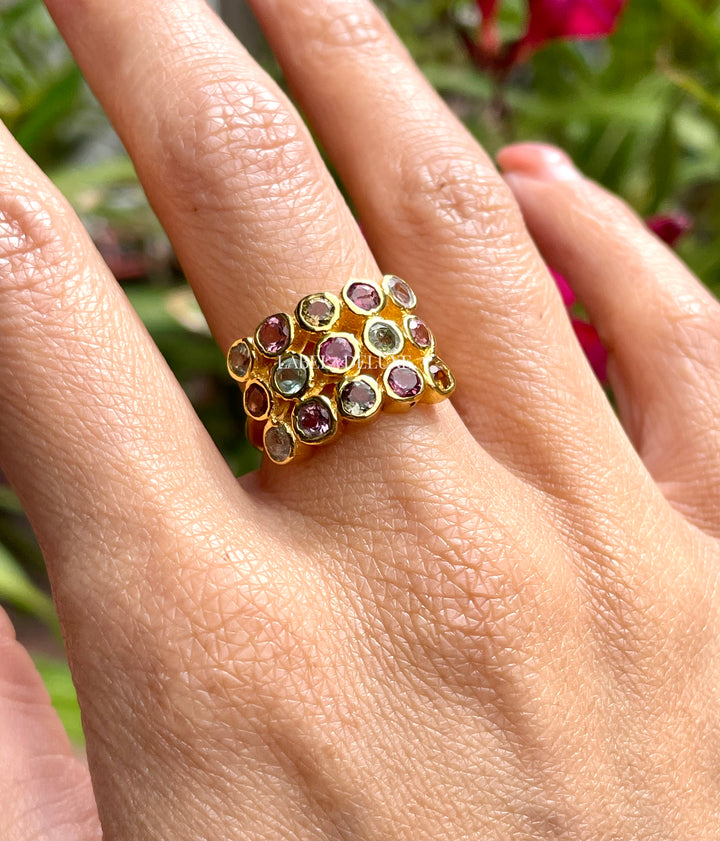 Label Deluxe Ring LDLGOtoermalijn - 24K Gouden Plating - Toermalijn - Maat 53