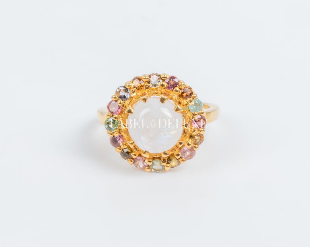 Label Deluxe Ring LDLGOmoontoer - 24K Gouden Plating - Toermalijn & Regenboogmaansteen - Maat 53