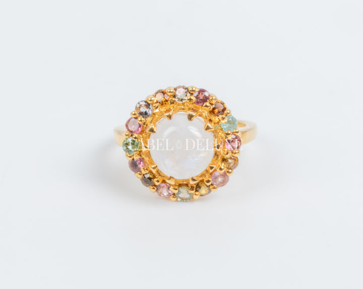 Label Deluxe Ring LDLGOmoontoer - 24K Gouden Plating - Toermalijn & Regenboogmaansteen - Maat 53