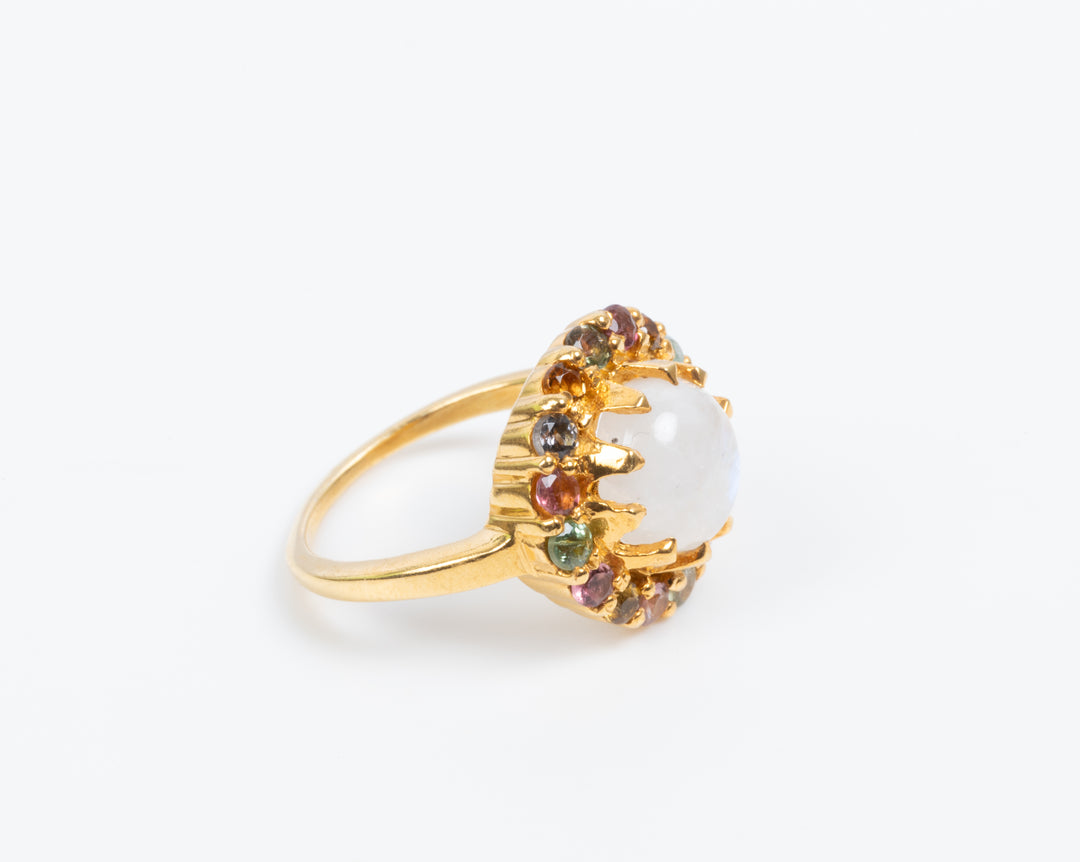 Label Deluxe Ring LDLGOmoontoer - 24K Gouden Plating - Toermalijn & Regenboogmaansteen - Maat 53