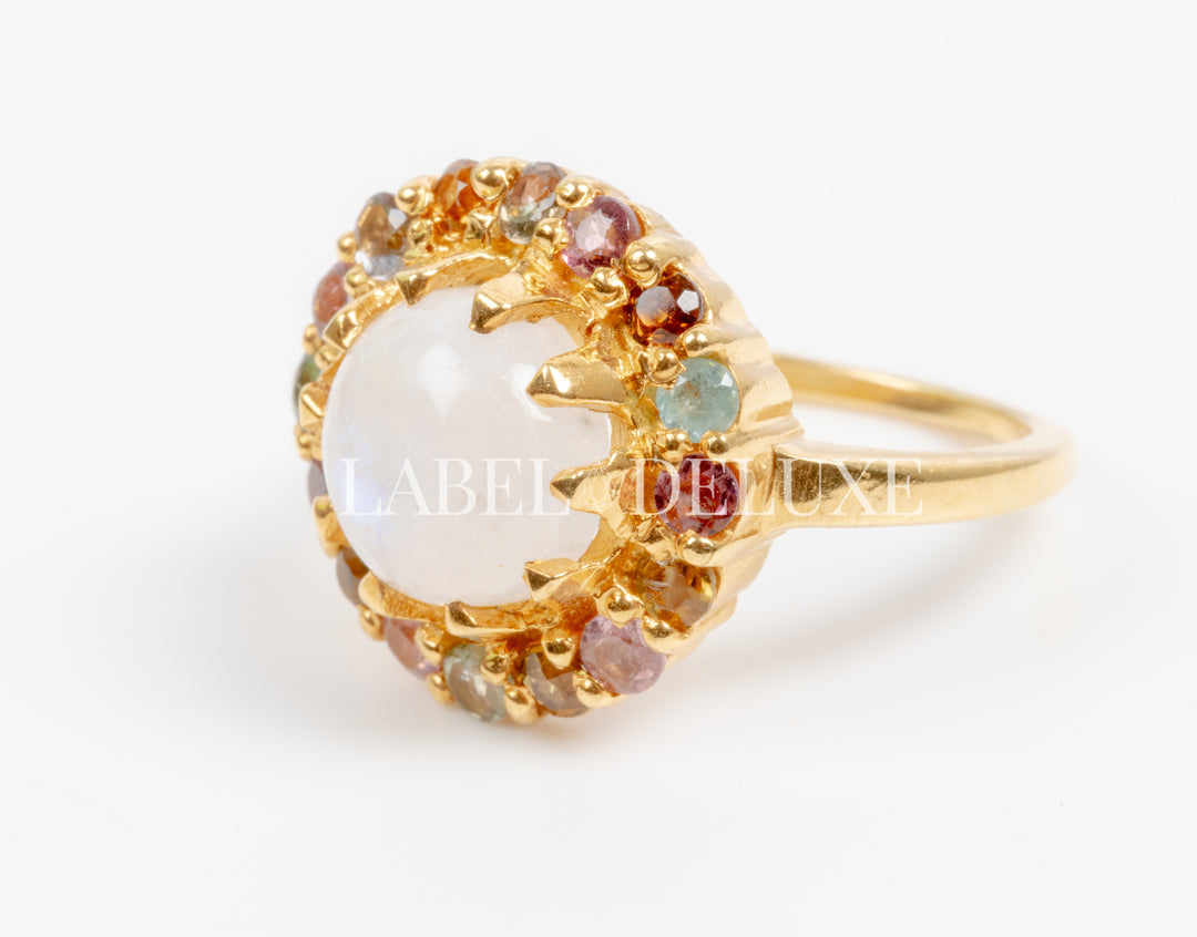 Label Deluxe Ring LDLGOmoontoer - 24K Gouden Plating - Toermalijn & Regenboogmaansteen - Maat 53