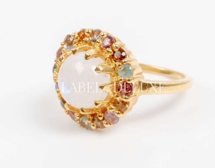 Label Deluxe Ring LDLGOmoontoer - 24K Gouden Plating - Toermalijn & Regenboogmaansteen - Maat 53