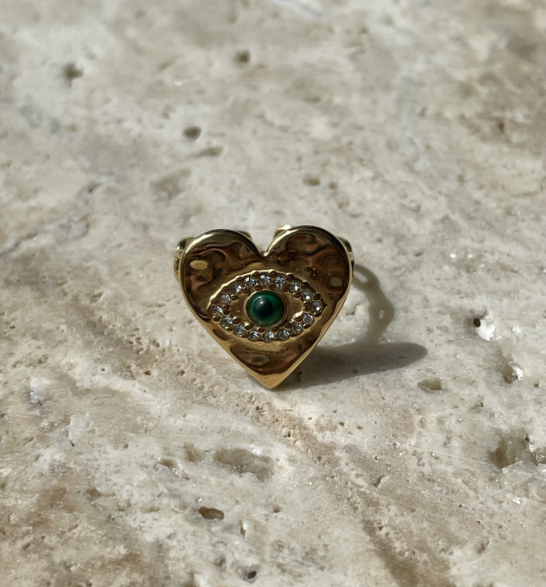 Label Deluxe Bijoux ring HE01G - Dames Ring - Heart Eye Green - Goud - Verstelbaar