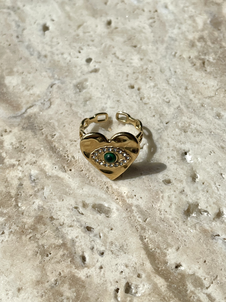 Label Deluxe Bijoux ring HE01G - Dames Ring - Heart Eye Green - Goud - Verstelbaar
