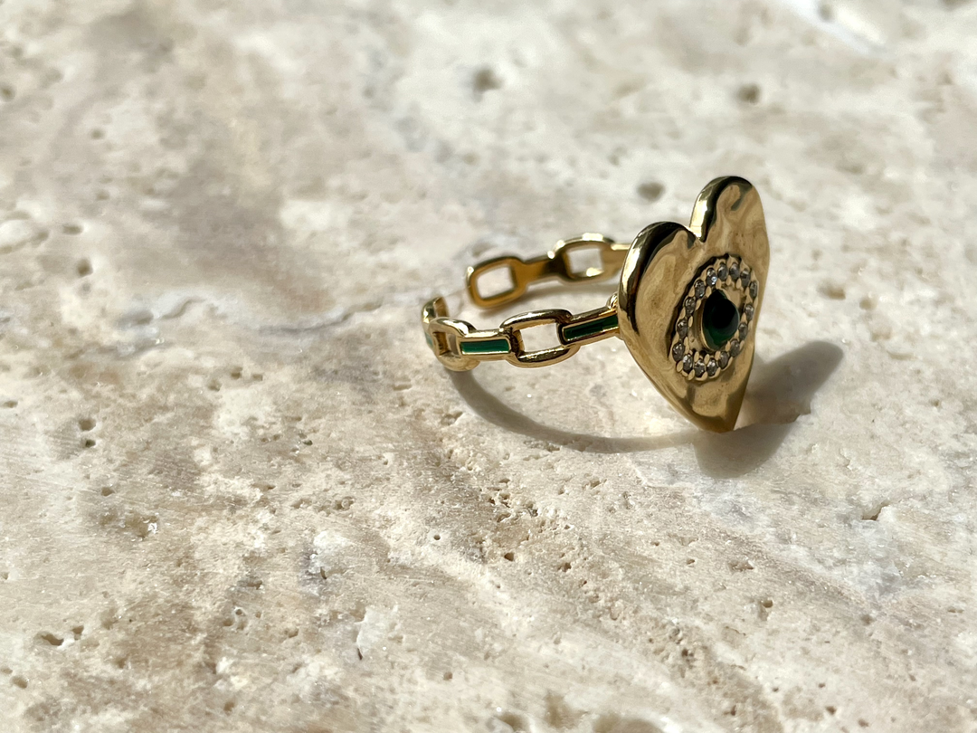 Label Deluxe Bijoux ring HE01G - Dames Ring - Heart Eye Green - Goud - Verstelbaar