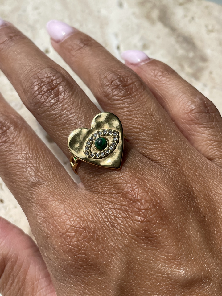 Label Deluxe Bijoux ring HE01G - Dames Ring - Heart Eye Green - Goud - Verstelbaar