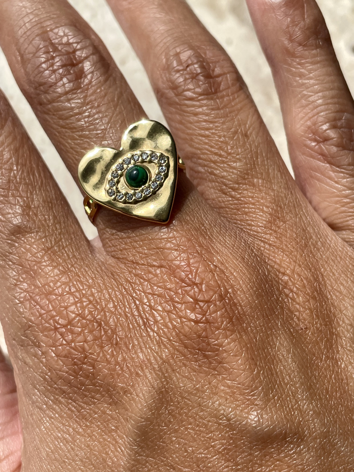 Label Deluxe Bijoux ring HE01G - Dames Ring - Heart Eye Green - Goud - Verstelbaar