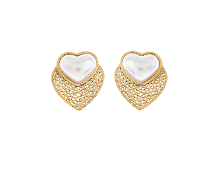 Label Deluxe Bijoux oorbellen LDLGOheartpearl01 - Dames Oorbellen - Hearts Stud - Wit/Goud - 20mm