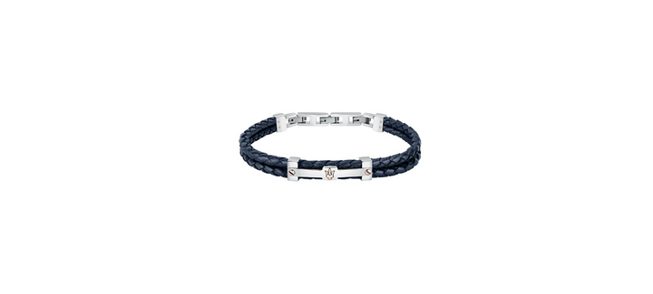 Maserati Iconic JM422AVE10 - Heren Armband - Leer & Roestvrijstaal - Blauw Zilver Roségoud - 22 cm