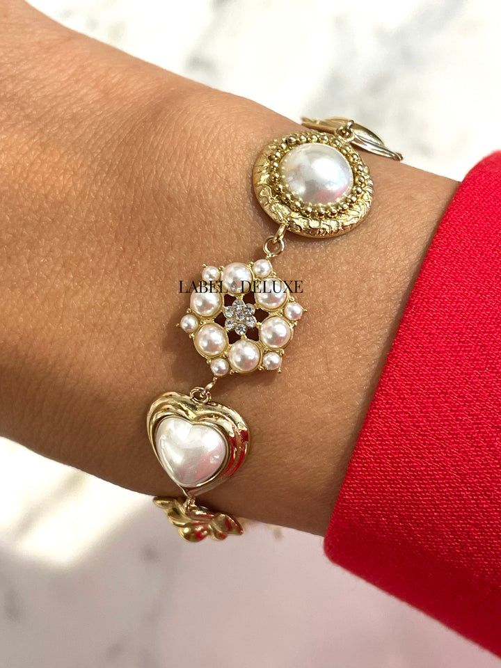 Rose & Camellia Armband 14501 - Vintage Bracelet Pearl Heart - Goud - 16+3 CM